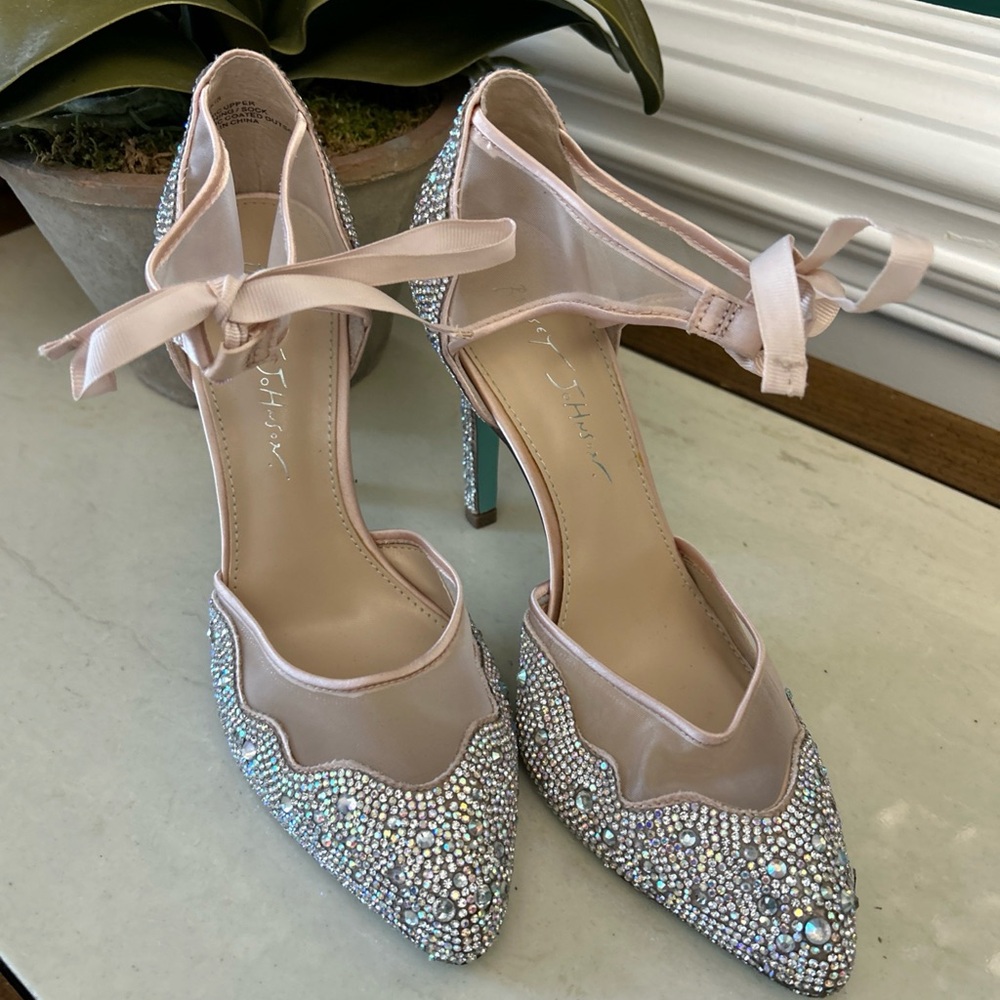 Betsey Johnson Rhinestone Heels with Pink Ribbon